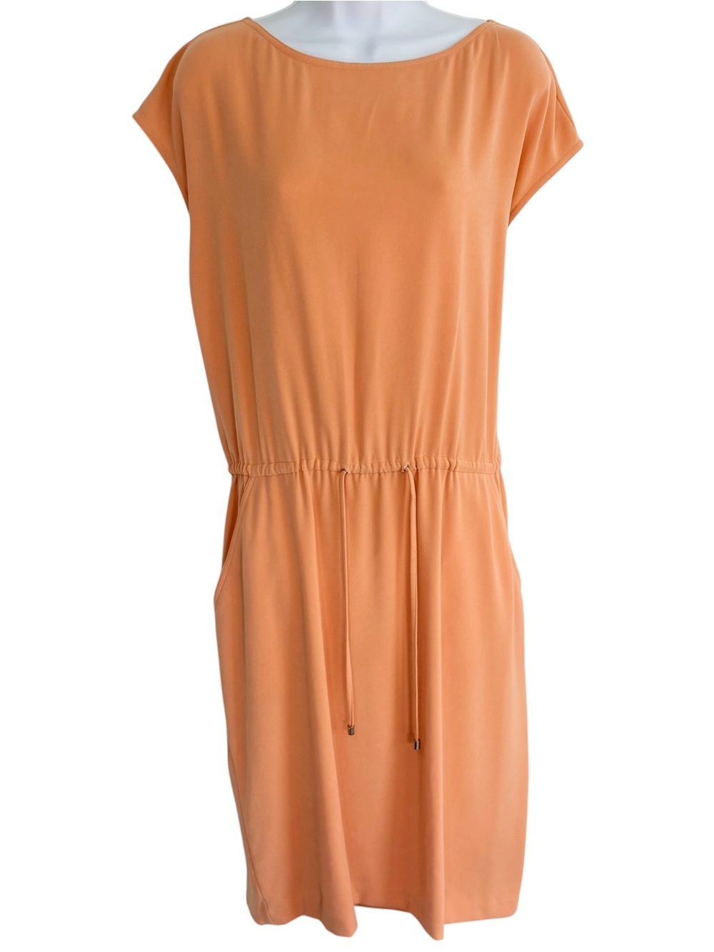 ST. JOHN Peach Orange Drawstring Waist Midi Dress Pockets Quiet Luxury Size 12
